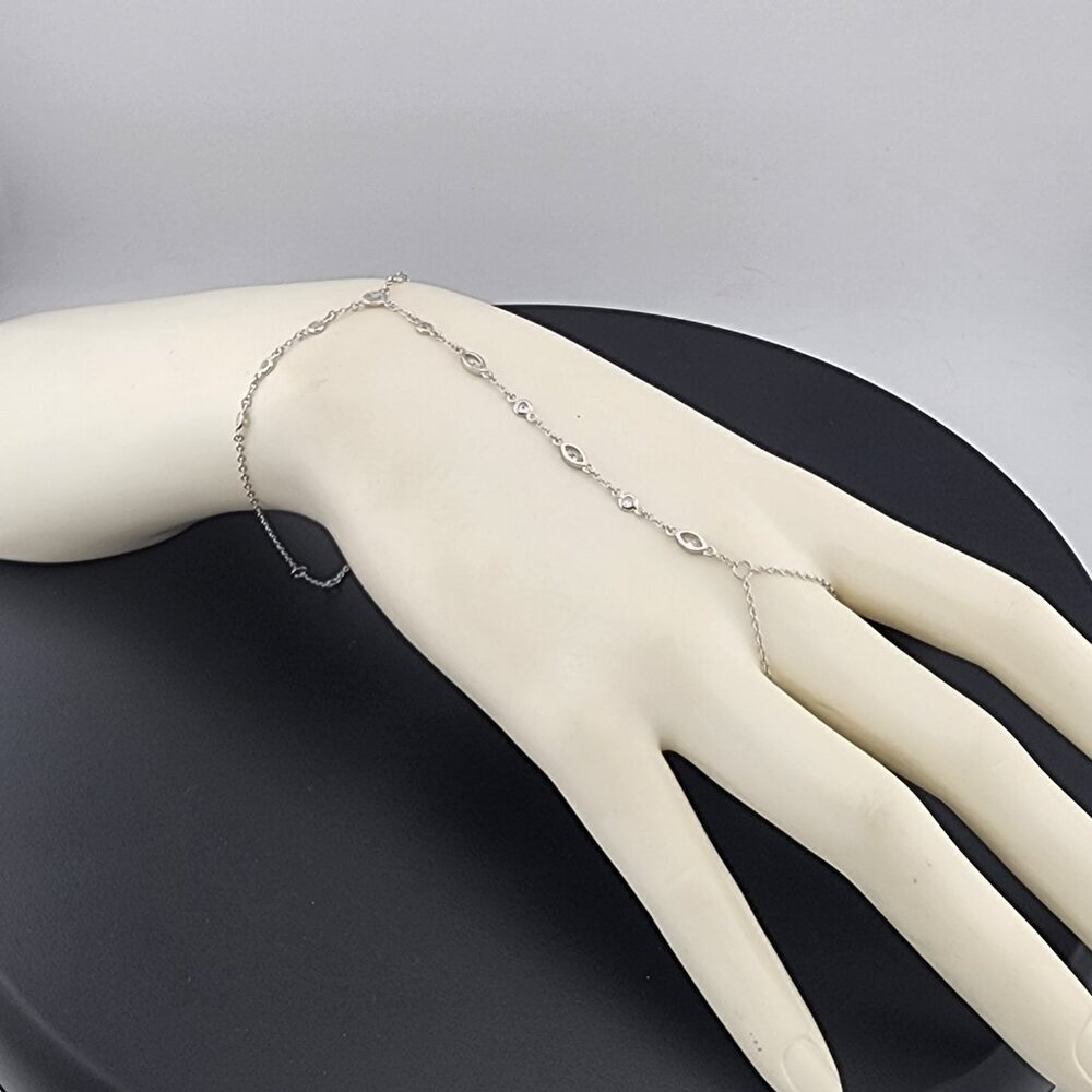 925 Silver Gemstone Hand Chain Bracelet with Ring – Round & Oval Stones - Picture 5 of 13